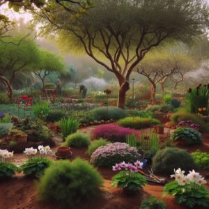 איור של גינת נוי עם עצים ושיחים פורחים